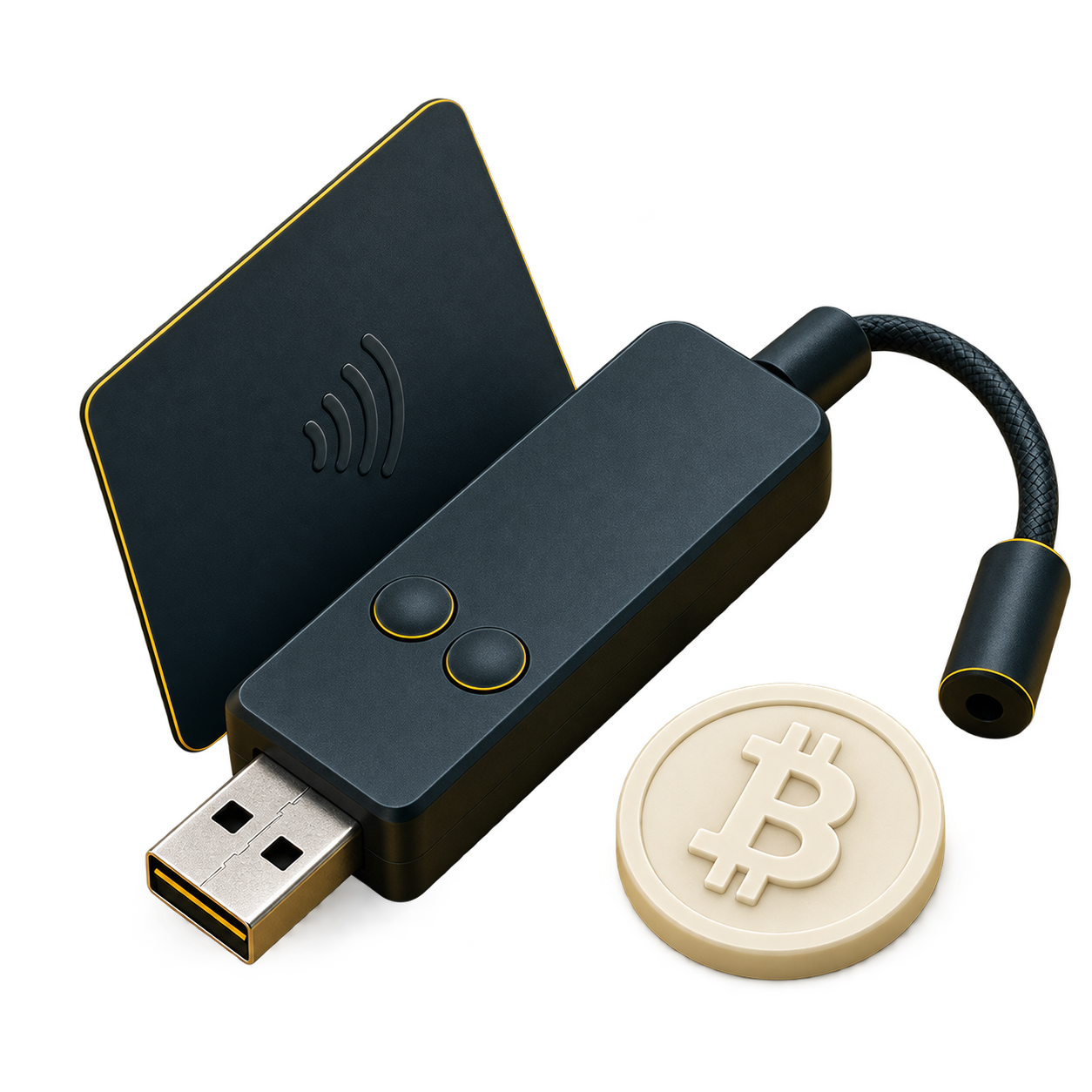 Illustrative NFC signing card and desktop card reader beside a Bitcoin coin