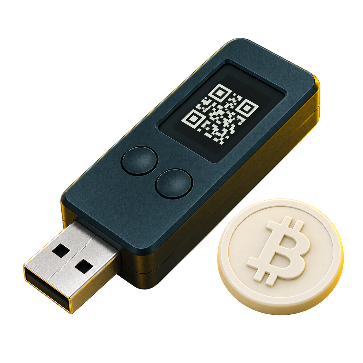 Illustrative QR hardware signer with physical buttons beside a Bitcoin coin