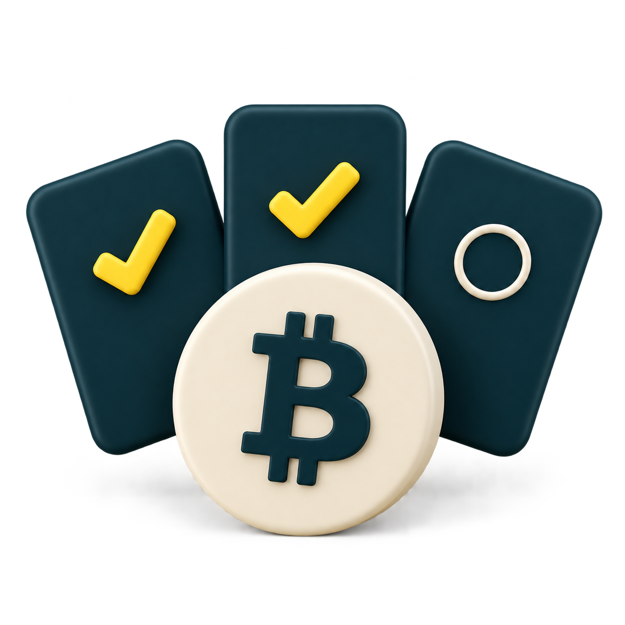 Three signature cards behind a Bitcoin coin: two approved and one on standby, illustrating a 2-of-3 multisig policy.